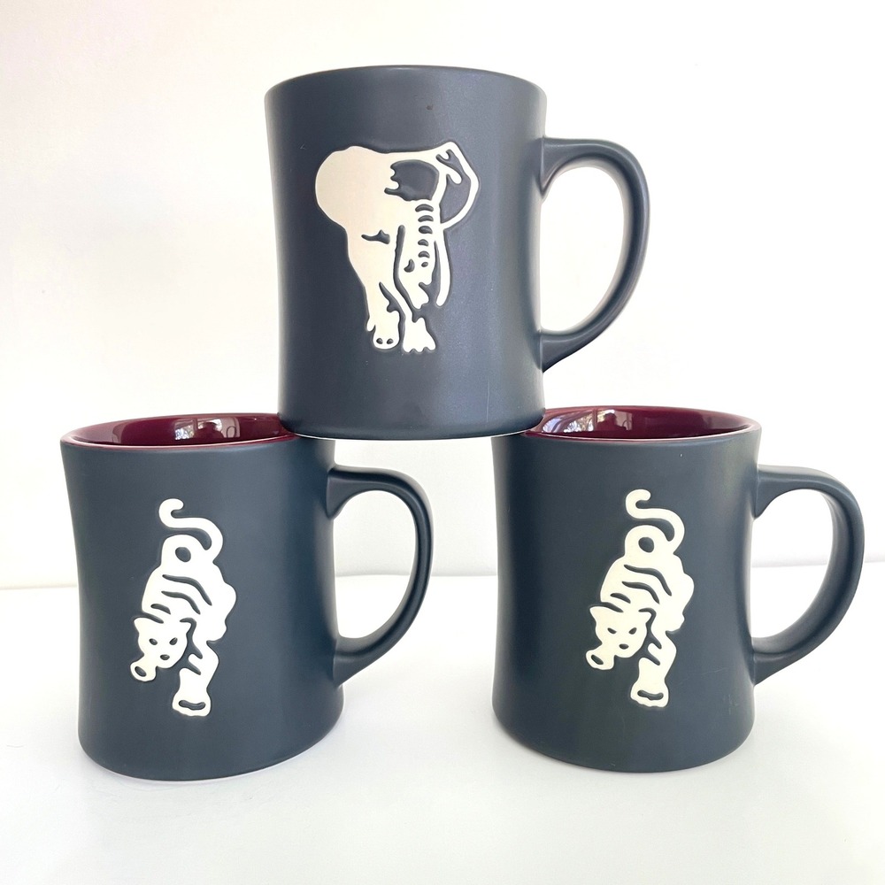 Starbucks 2011 Elephant Tiger Mug Set 3 Sumatra Matte Black Embossed Bone China